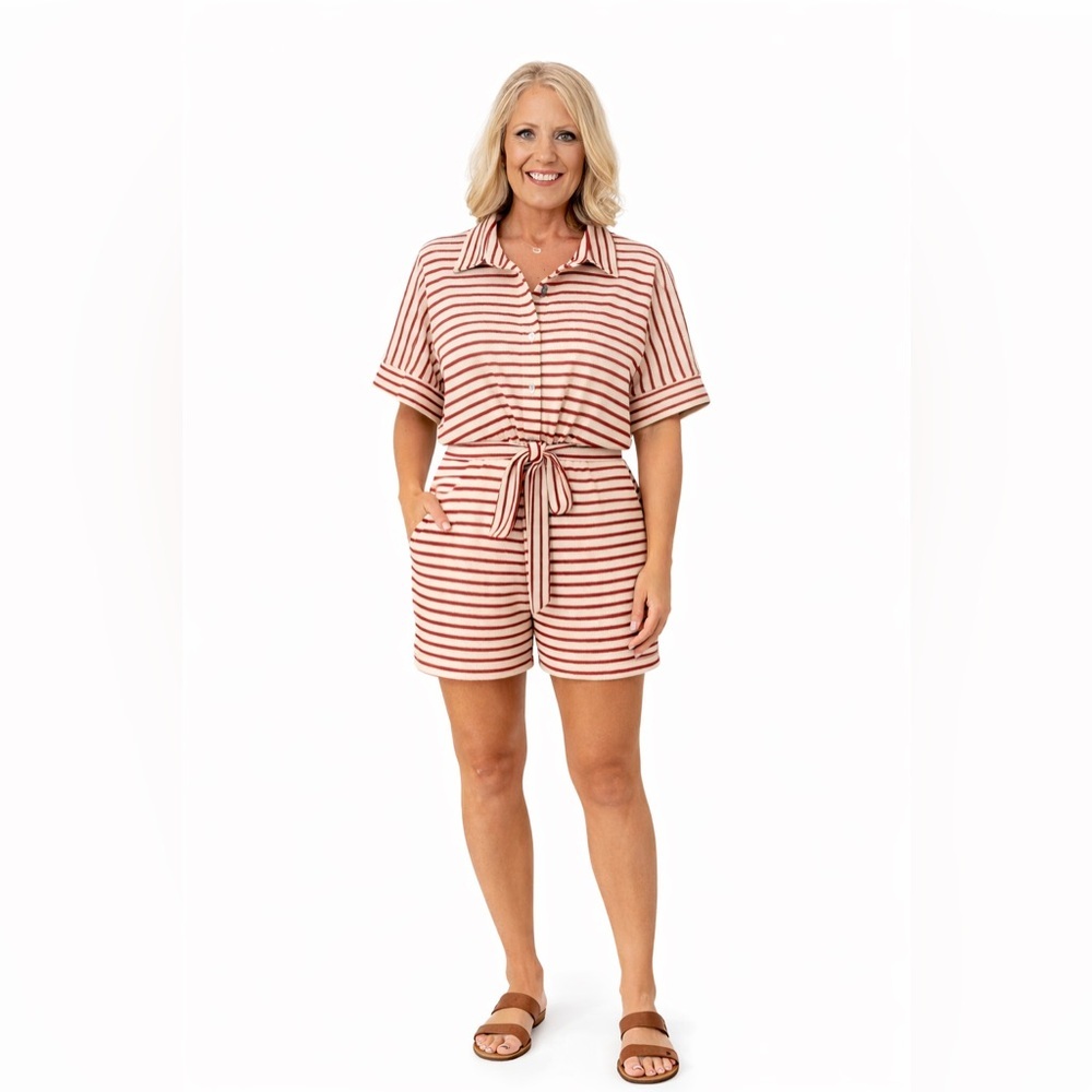Entro Red and White Striped Knit  Belted Romper Size Small NWOT